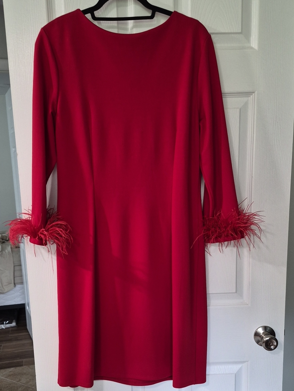 NWT Jude Connally Red Feather-Cuff Shift Dress- Large - Picture 5 of 8